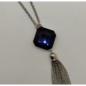 Cara NY Long Silver Tone Necklace - Diamond Shaped Blue Glass Pendant - Tassel